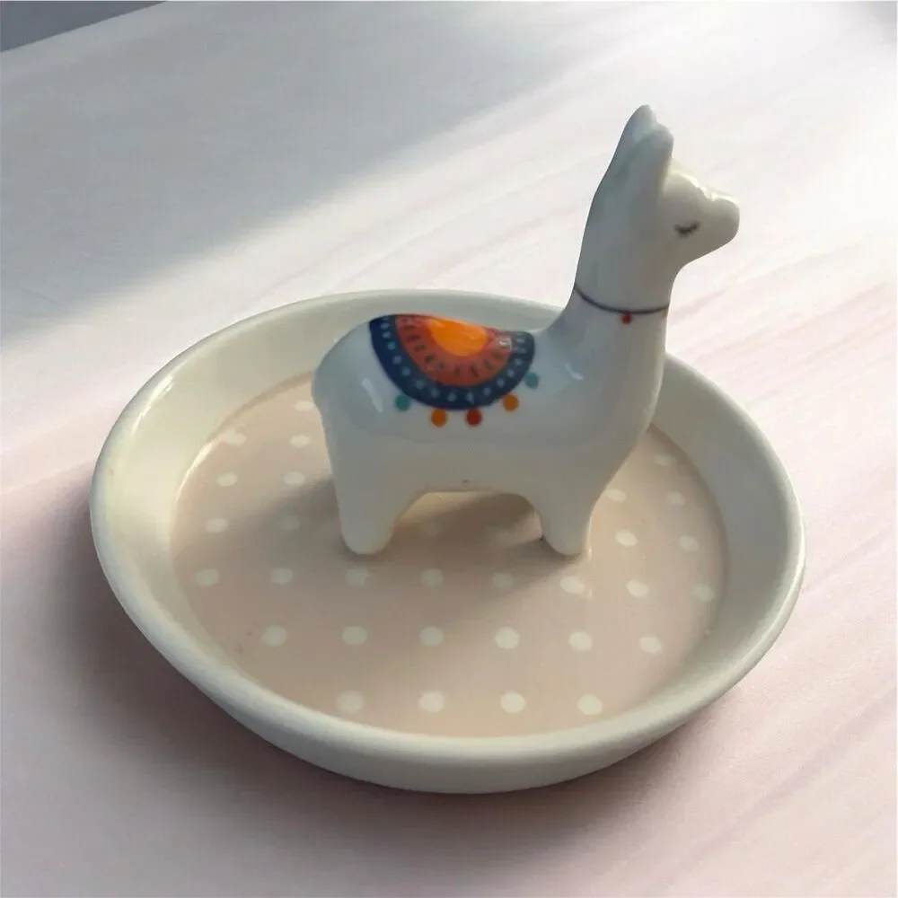 Llama Ring Dish Jewelry Holder Trinket Tray White Pink Polka Dot Decor